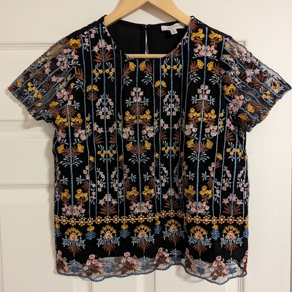 Lucy Paris black and floral embroidered shirt size small
